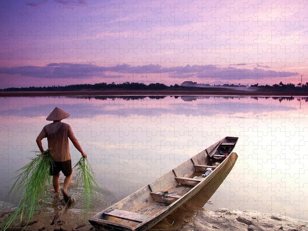 Tranquility Jigsaw Puzzle featuring the photograph Laotian Man Walking Into Calm River by Matthew Micah Wright