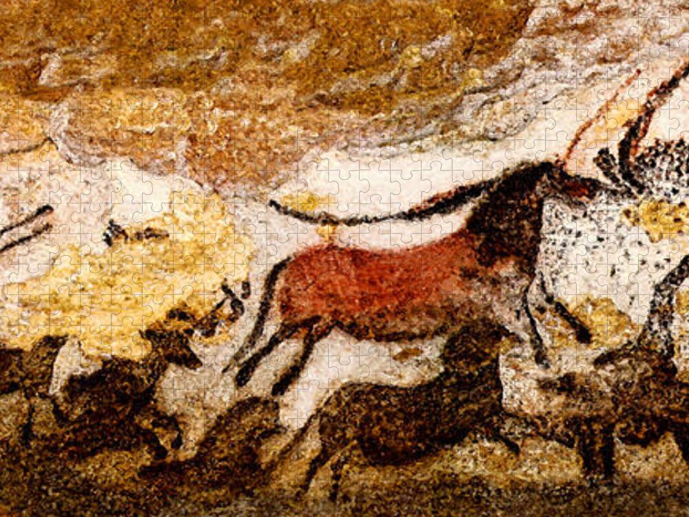 Lascaux Jigsaw Puzzle featuring the digital art Lascaux Hall of the Bulls - Running from the Hunters by Weston Westmoreland