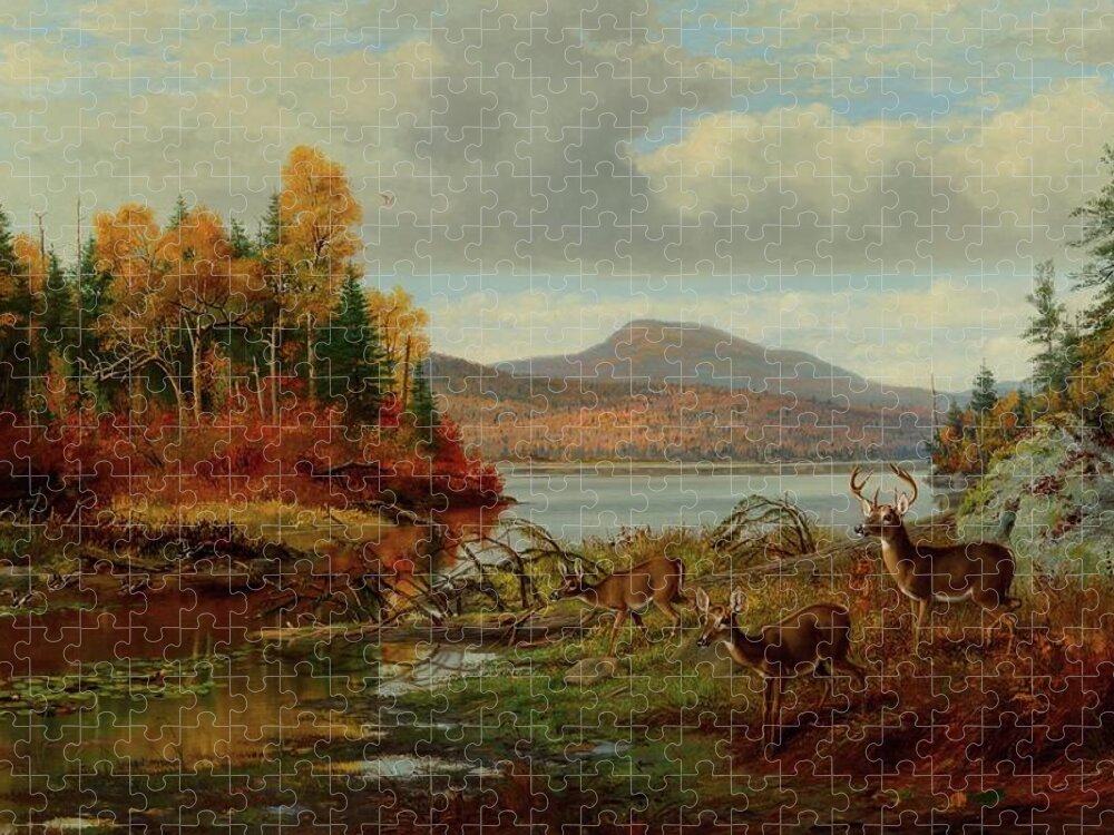 Adirondacks Jigsaw Puzzle featuring the painting Late Autumn, Long Lake, Hamilton Co., New York, Adirondacks by Arthur Fitzwilliam Tait