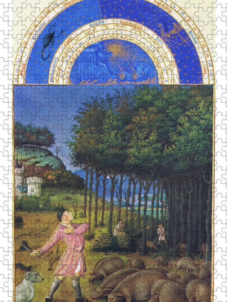 Middle Ages Jigsaw Puzzle featuring the painting Le Tres riches heures du Duc de Berry - November by Limbourg brothers