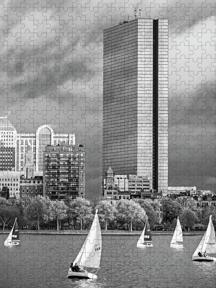 Boston Jigsaw Puzzle featuring the photograph Lean into it- Sailboats by the Hancock on the Charles River Boston MA Black and White by Toby McGuire