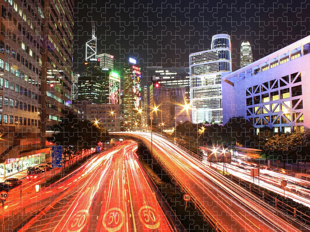 Wanchai Jigsaw Puzzle featuring the photograph Light Trails On Gloucester Road by From John Chan, Johnblog.phychembio.com