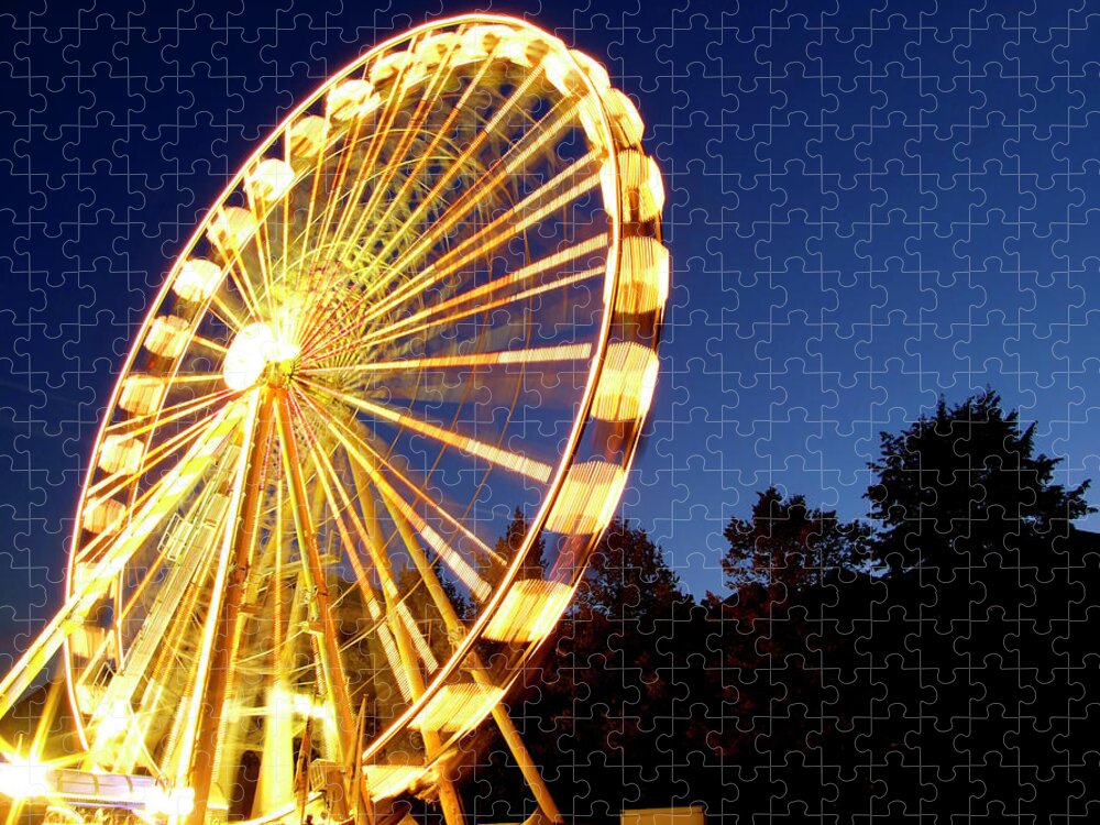 Curve Jigsaw Puzzle featuring the photograph Lighted Ferris Wheel Spinning In Motion by Vfka