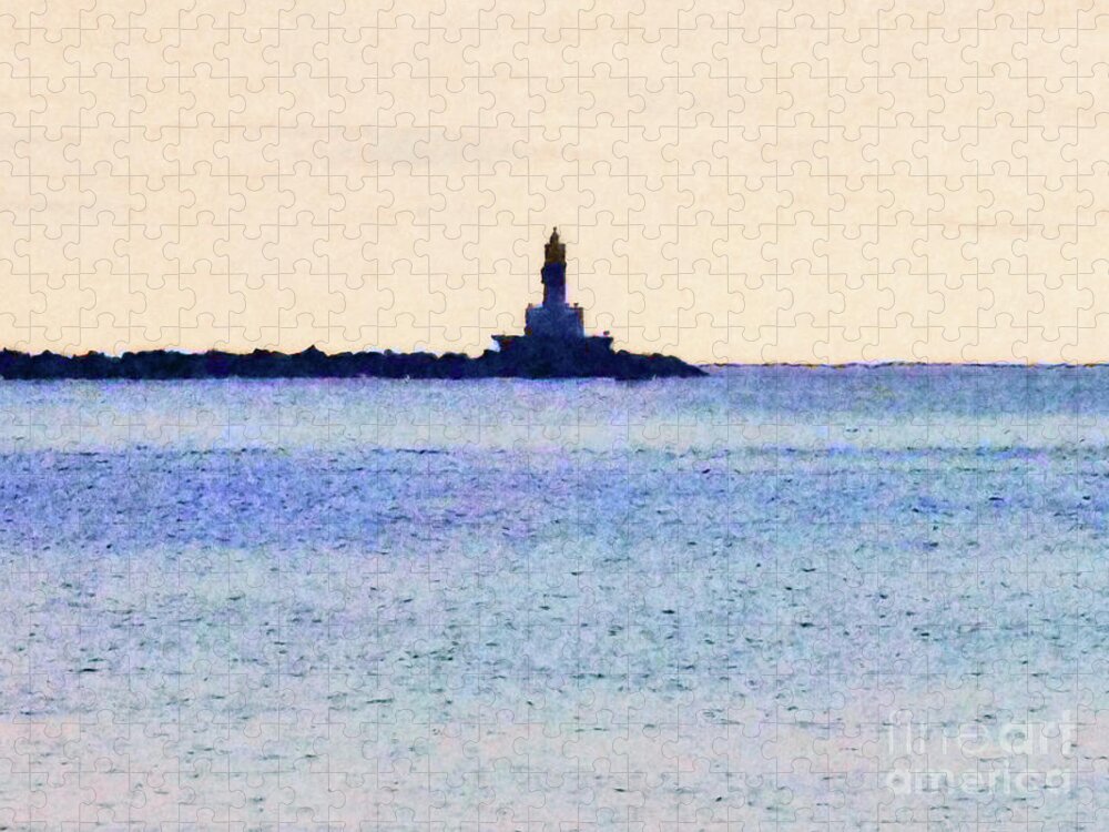 Michigan Jigsaw Puzzle featuring the digital art Lighthouse On Lake by Phil Perkins