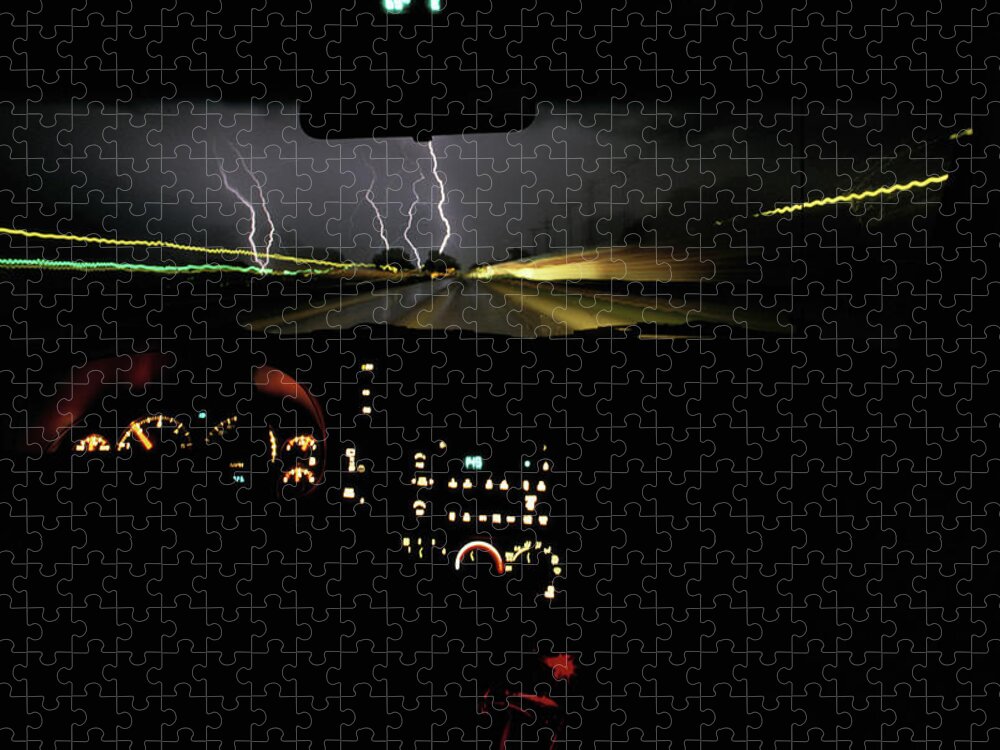 Car Interior Jigsaw Puzzle featuring the photograph Lightning Storm As Seen Through Car by Paul Souders