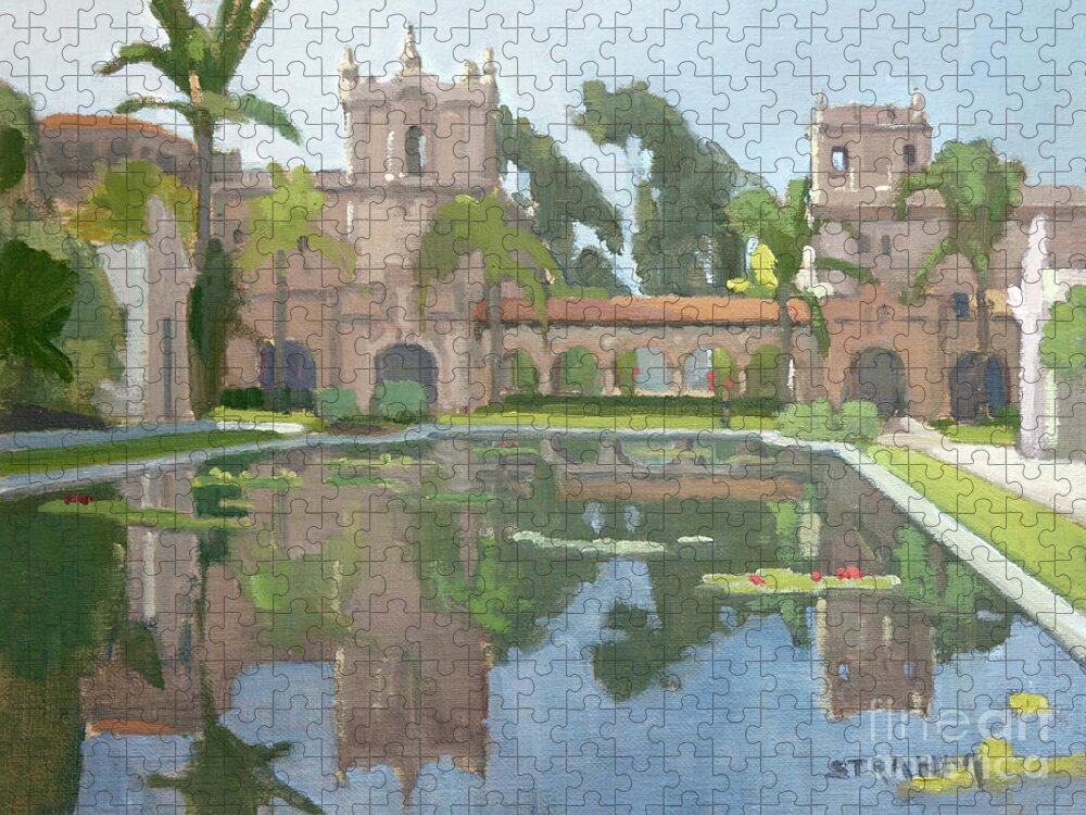 Lily Pond Jigsaw Puzzle featuring the painting Reflection Pond Balboa Park San Diego by Paul Strahm