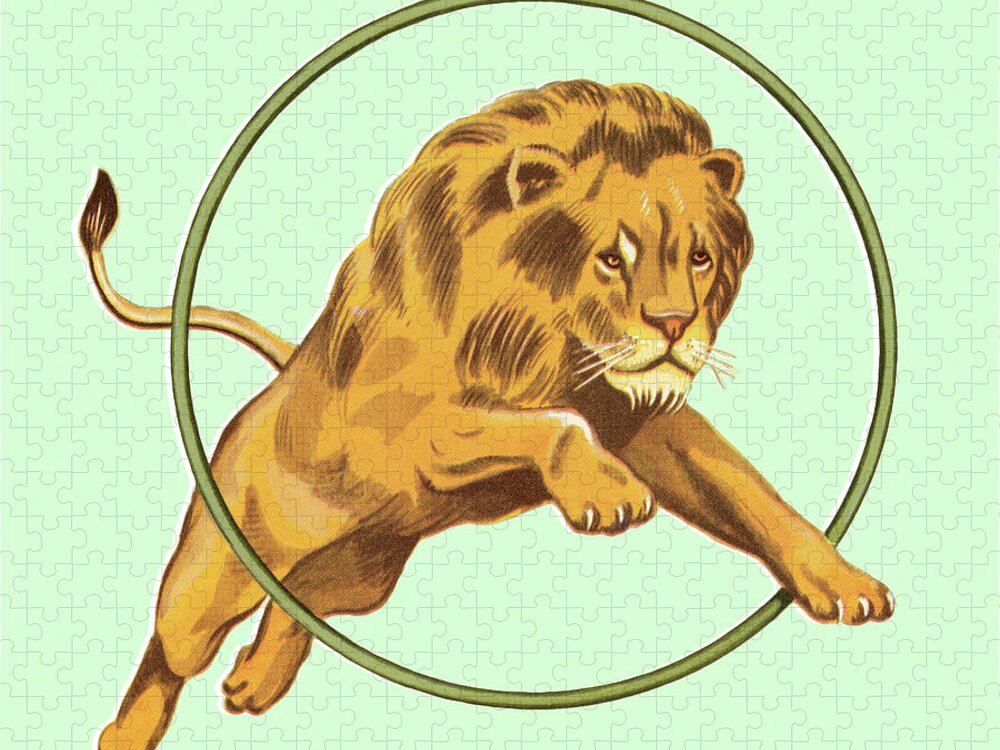 Agile Jigsaw Puzzle featuring the drawing Lion Jumping Through Hoop by CSA Images