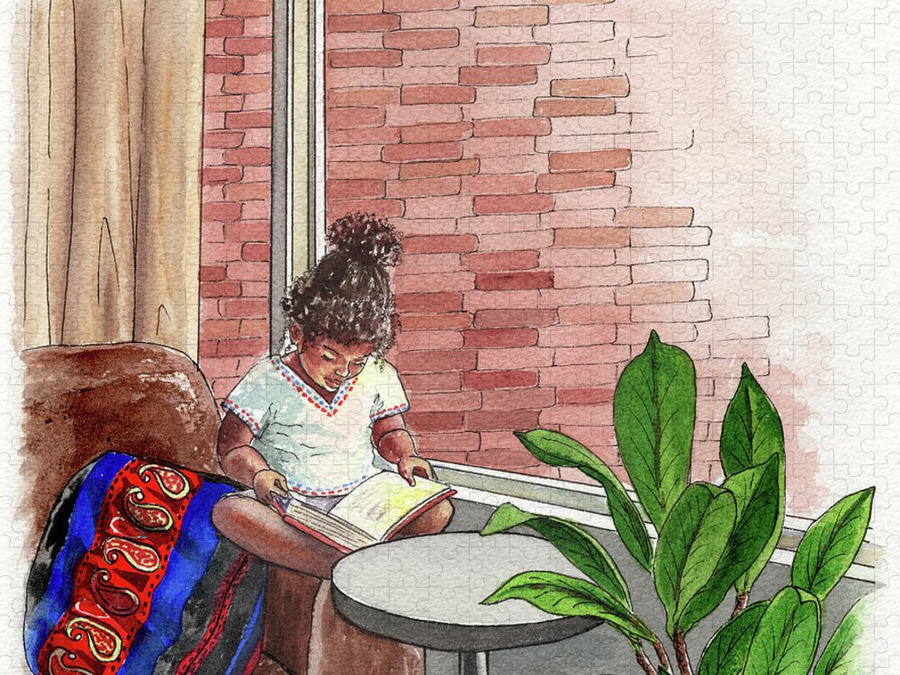 Girl Jigsaw Puzzle featuring the painting Little Ethiopian Girl Reads A Book Watercolor by Irina Sztukowski