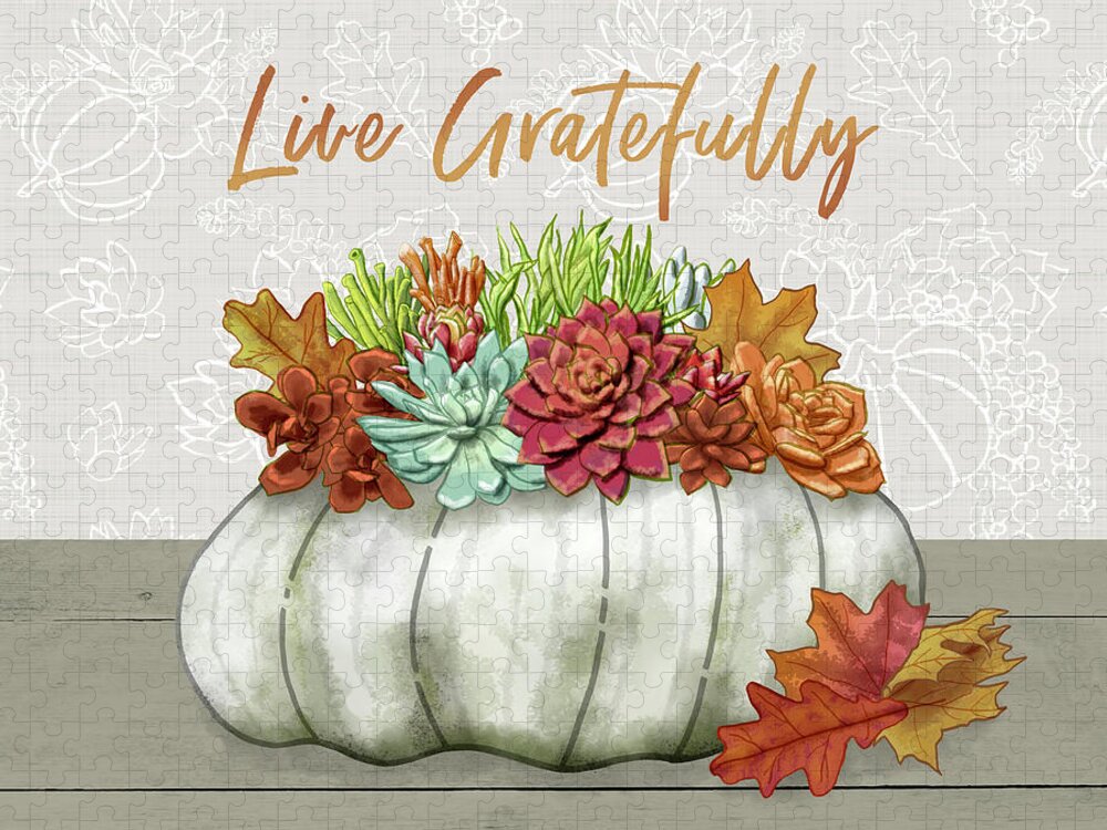 Live Gratefully Jigsaw Puzzle featuring the painting Live Gratefully Succulent Gray Pumpkin Arrangement by Jen Montgomery by Jen Montgomery