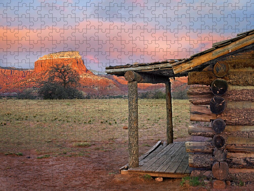 00586268 Jigsaw Puzzle featuring the photograph Log Cabin, Kitchen Mesa, Ghost Ranch, New Mexico by Tim Fitzharris