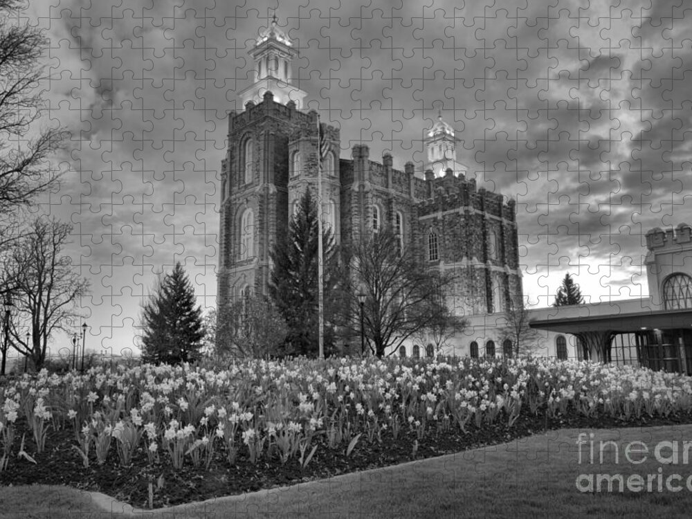 Logan Temple Jigsaw Puzzle featuring the photograph Logan Temple Sunset Black And White by Adam Jewell