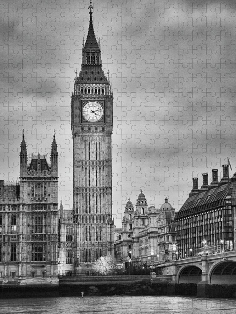 Clock Tower Jigsaw Puzzle featuring the photograph London, Big Ben, Black And White by Elisabeth Pollaert Smith