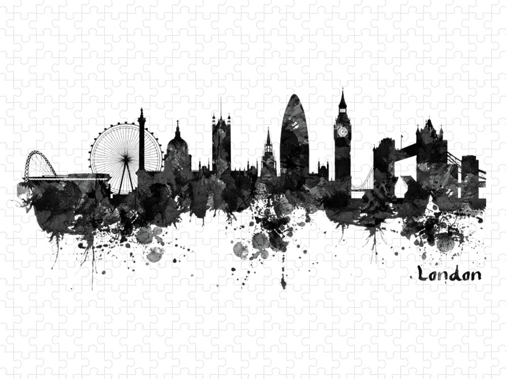 London Jigsaw Puzzle featuring the painting London Black and White Watercolor Skyline Silhouette by Marian Voicu