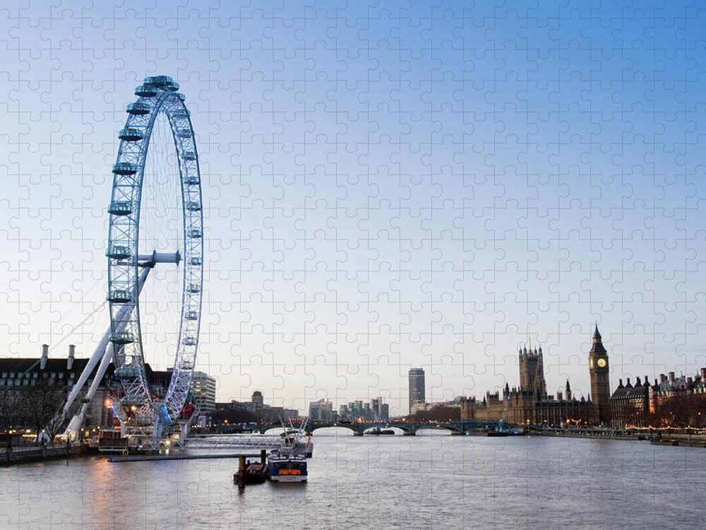 Dawn Jigsaw Puzzle featuring the photograph London Eye And Houses Of Parliament by Walter Bibikow