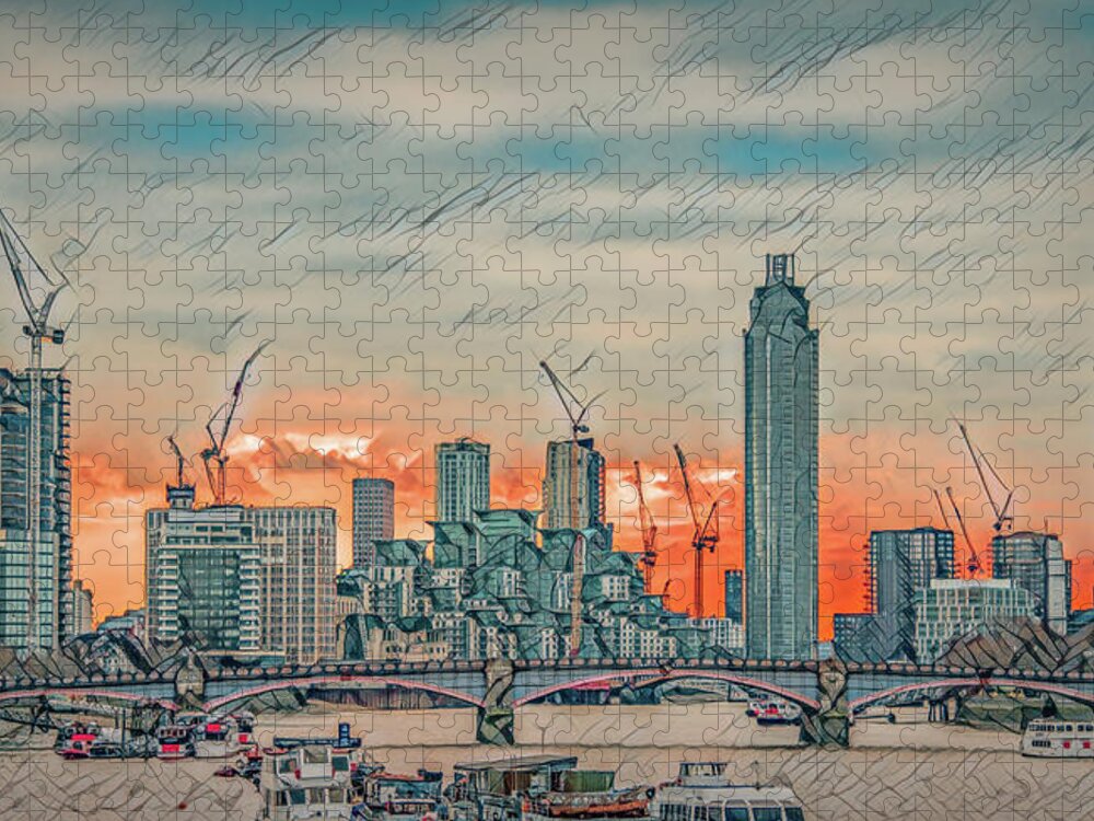 London Jigsaw Puzzle featuring the photograph London Skyline As Seen From Tower Bridge, Stylized by Marcy Wielfaert