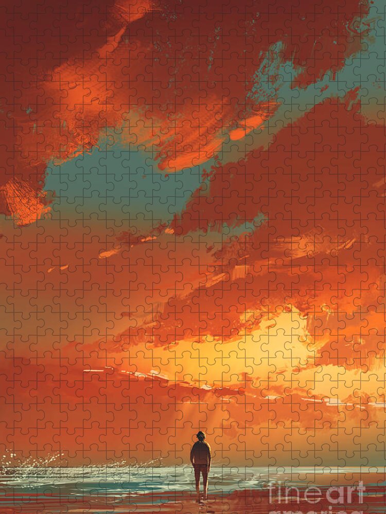 Dusk Puzzle featuring the digital art Lonely Man Standing On The Sea by Tithi Luadthong
