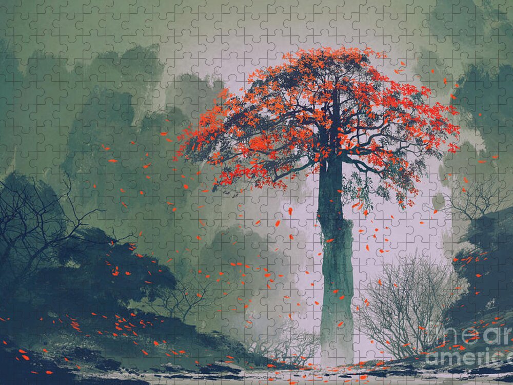 Forest Jigsaw Puzzle featuring the digital art Lonely Red Autumn Tree With Falling by Tithi Luadthong