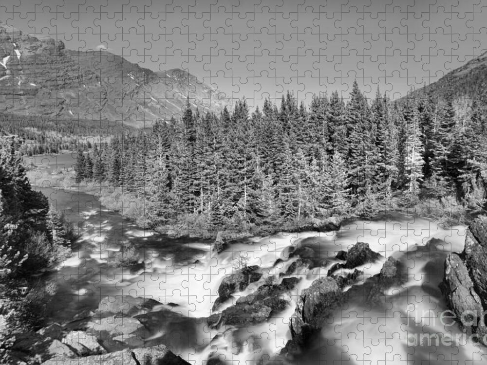 Red Rock Falls Jigsaw Puzzle featuring the photograph Looking Down Glacier Red Rock Falls Black And White by Adam Jewell