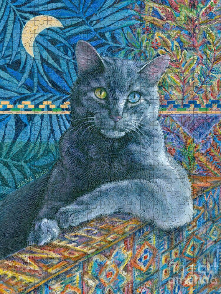Cat Feline Moon Luna Blue Blues Colorful Portrait Ikat Gato Chat Azure Jigsaw Puzzle featuring the painting Luna Blue Cat by Jane Bucci