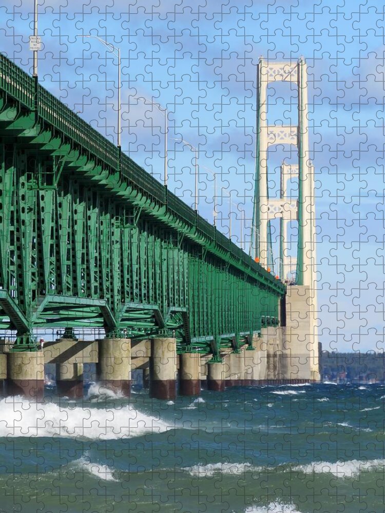 Mackinac Bridge Jigsaw Puzzle featuring the photograph Mackinac Bridge and Waves by Keith Stokes