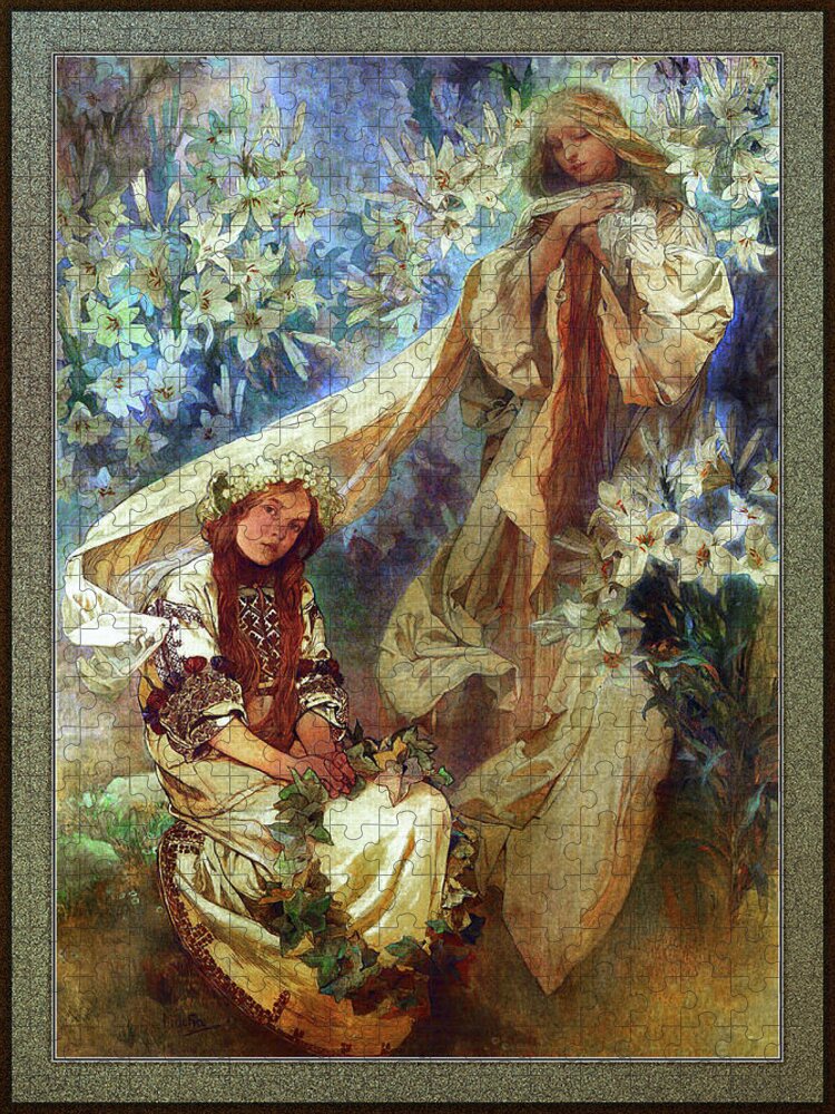 Madonna Of The Lilies Jigsaw Puzzle featuring the painting Madonna of the Lilies by Alphonse Mucha by Rolando Burbon