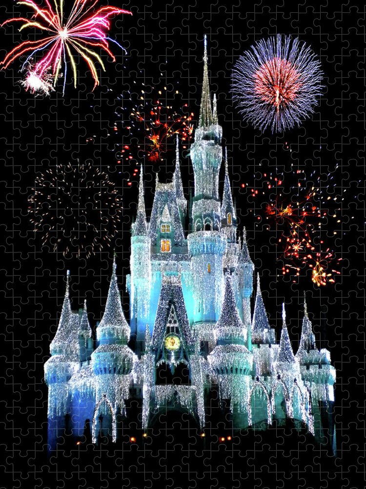 Castle Jigsaw Puzzle featuring the photograph Magic Kingdom Castle In Frosty Light Blue with Fireworks 06 by Thomas Woolworth