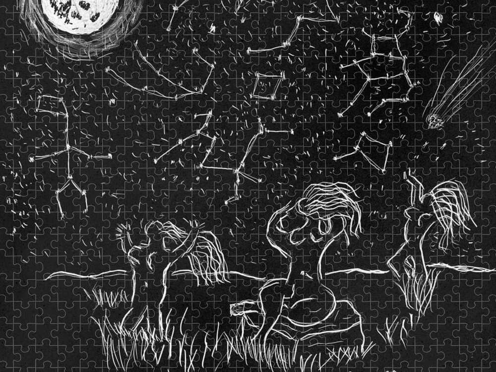 Moon Jigsaw Puzzle featuring the drawing Maidens of the Eath and Sky by Branwen Drew