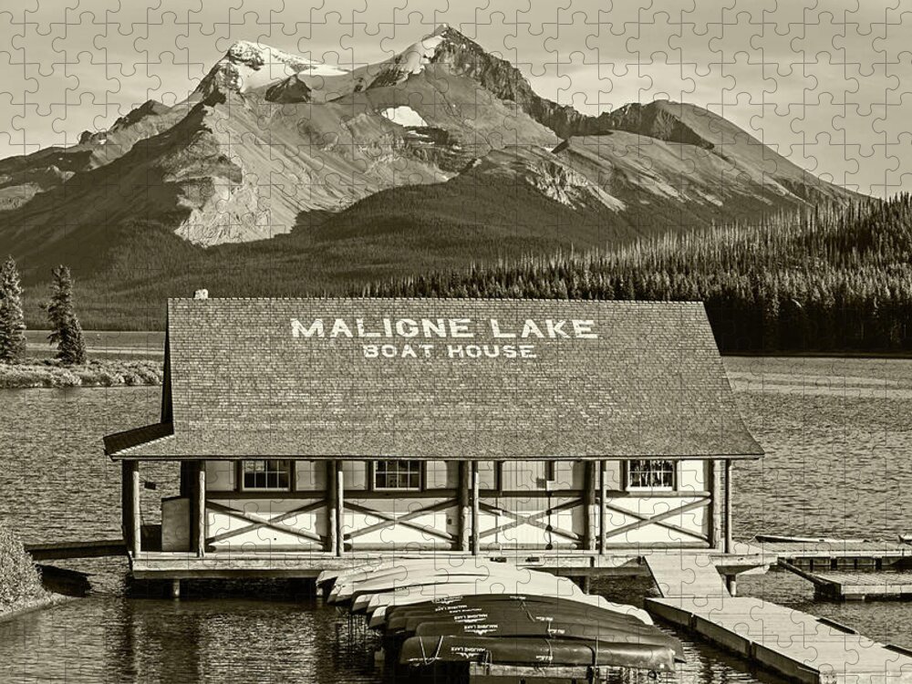 Jasper Jigsaw Puzzle featuring the photograph Maligne Lake Boat House and Mountain Jasper National Park Albert Canada Canadian Rockies Sepia by Toby McGuire