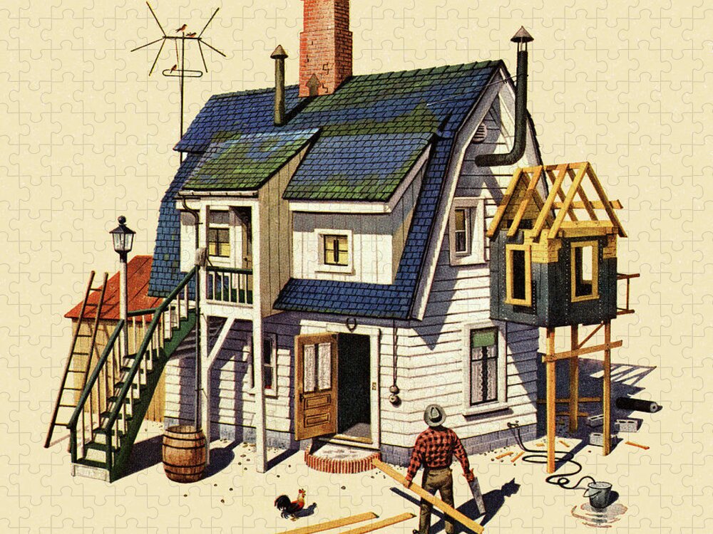 Adult Jigsaw Puzzle featuring the drawing Man Adding on to House by CSA Images