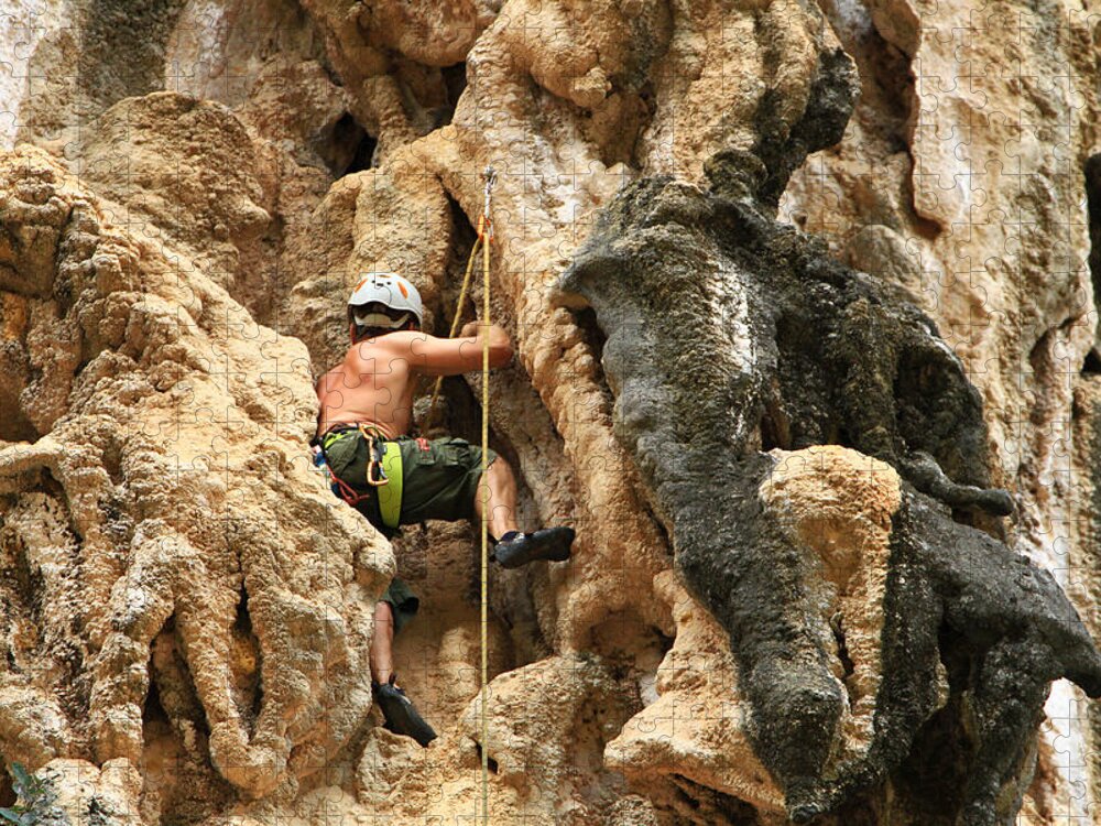 Sports Helmet Jigsaw Puzzle featuring the photograph Man Climbing Rock by Nisa And Ulli Maier Photography