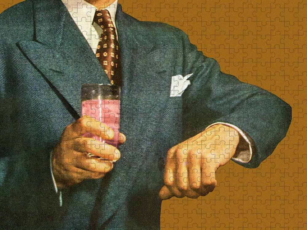 Accessories Jigsaw Puzzle featuring the drawing Man Holding Arm up and Holding Drink by CSA Images