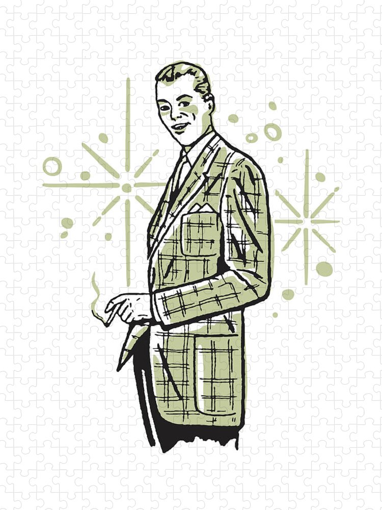Adult Jigsaw Puzzle featuring the drawing Man in Plaid Sport Jacket Smoking by CSA Images