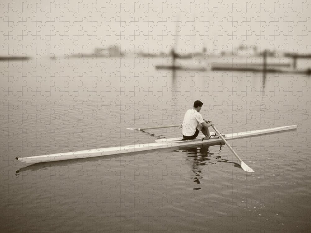 One Man Only Jigsaw Puzzle featuring the photograph Man Rowing A Single Scull Toned B&w by David Madison
