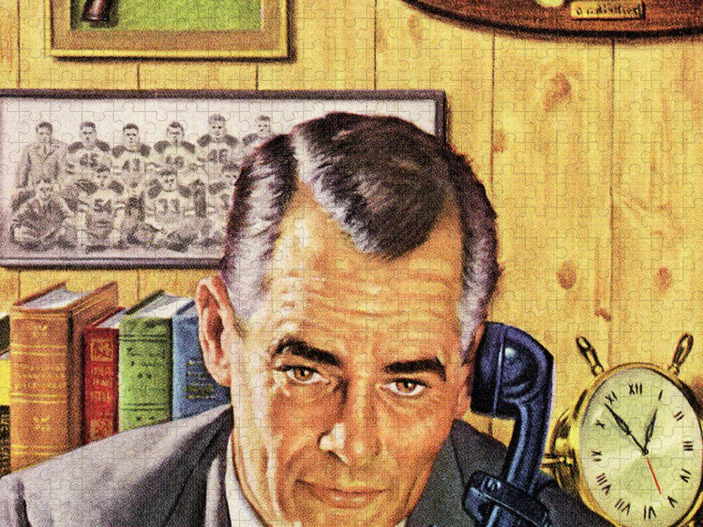 Adult Jigsaw Puzzle featuring the drawing Man Using Telephone in Office by CSA Images