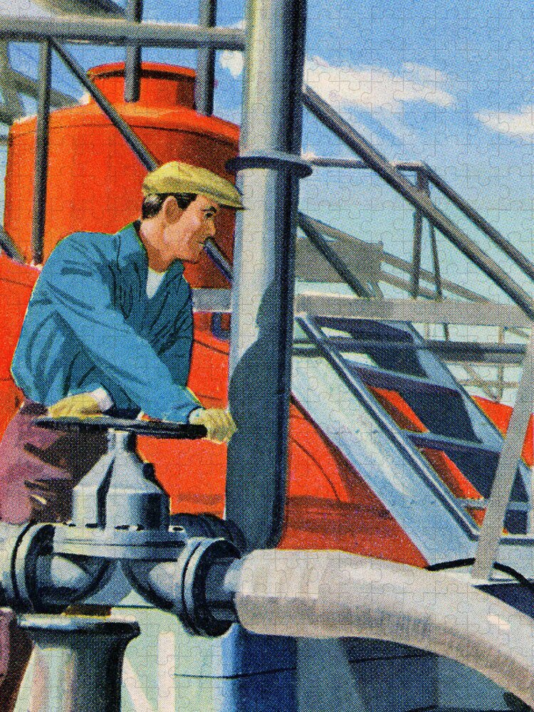Adult Jigsaw Puzzle featuring the drawing Man Working in Oil Field by CSA Images