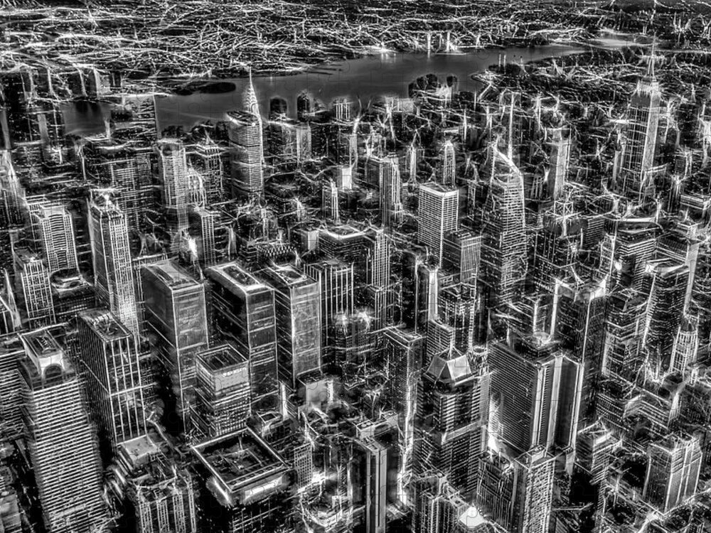 Aerial View Jigsaw Puzzle featuring the photograph Manhattan NYC Electrifying Pulse BW by Susan Candelario