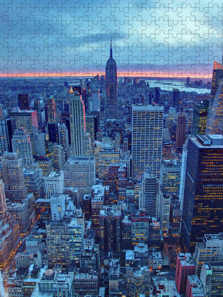 Tranquility Jigsaw Puzzle featuring the photograph Manhattan Skyscrapers At Sunset by J. Andruckow
