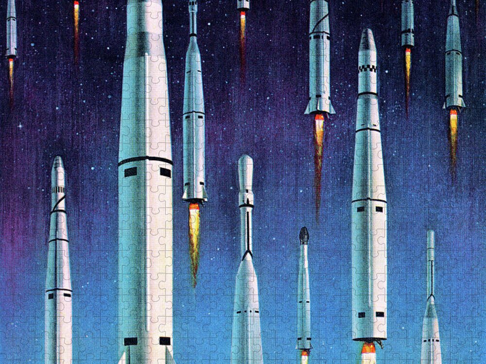 Blastoff Jigsaw Puzzle featuring the drawing Many Rockets in Space by CSA Images
