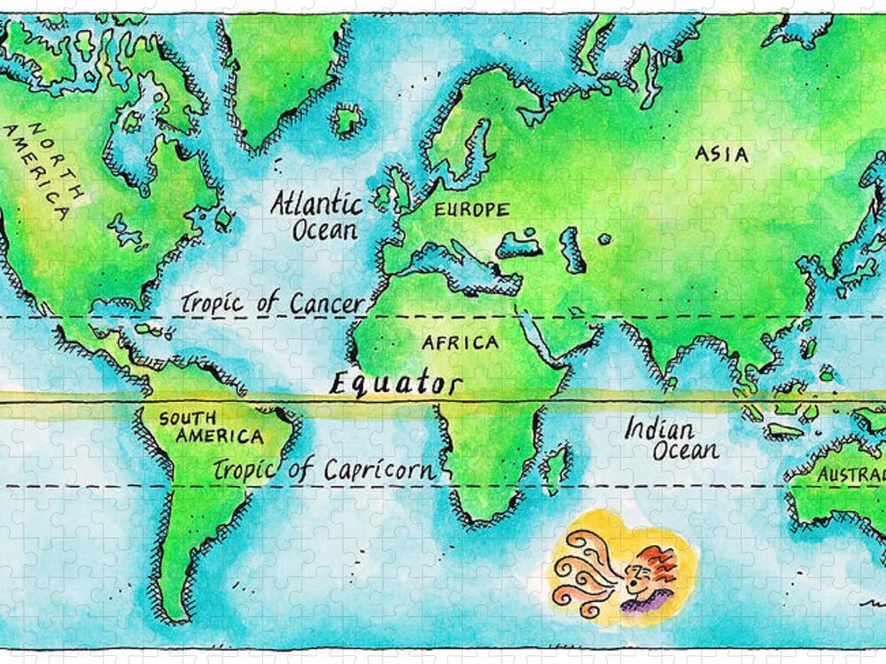 Watercolor Painting Jigsaw Puzzle featuring the digital art Map Of The World & Equator by Jennifer Thermes