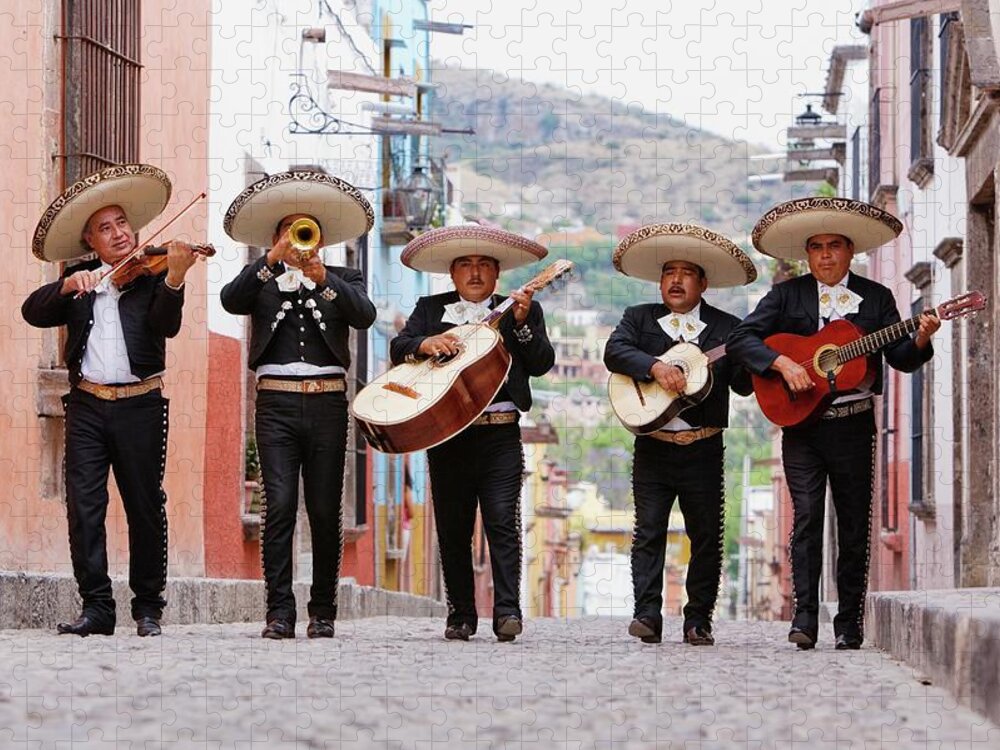 Mature Adult Jigsaw Puzzle featuring the photograph Mariachi Band Walking In Street by Pixelchrome Inc