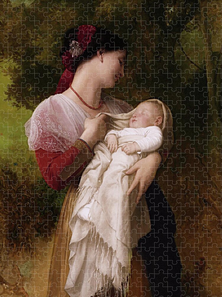 Maternal Admiration Jigsaw Puzzle featuring the painting Maternal Admiration by William Adolphe Bouguereau by Rolando Burbon