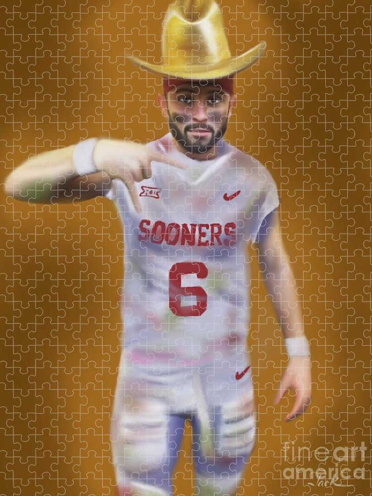 Baker Mayfield Jigsaw Puzzle featuring the painting Mayfield Horns Down by Jack Bunds