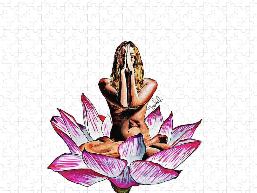 Woman Blonde Beauty Meditation Yoga Yogi Buddha Peace Joy Lotus Flower Pink Pray Color Colorful Sexy Nude Girl Female Lady Love Lover Jigsaw Puzzle featuring the painting Meditation flower by Sergio Gutierrez