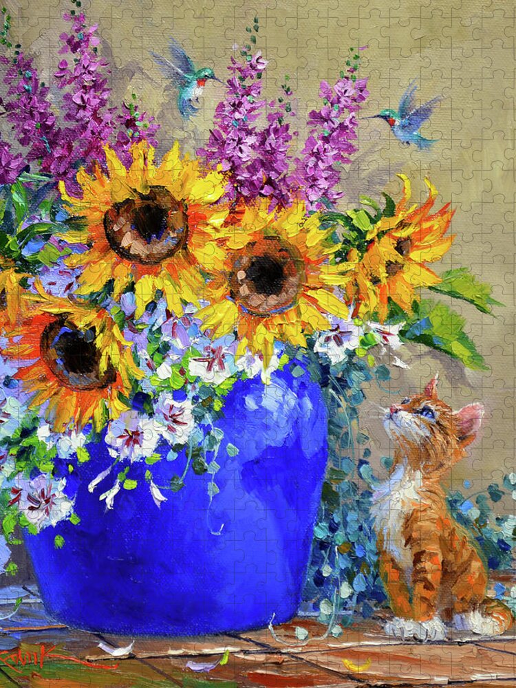 Kitten Jigsaw Puzzle featuring the painting Mesmerized by Mikki Senkarik