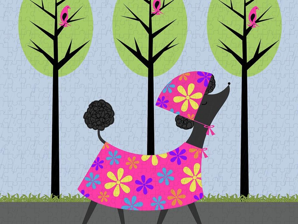 Mid Century Modern Jigsaw Puzzle featuring the digital art Mid Century Modern Black Poodle Spring by Donna Mibus