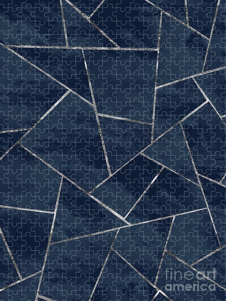 Graphic-design Jigsaw Puzzle featuring the mixed media Midnight Navy Blue Ink Silver Geometric Glam #1 #geo #decor #art by Anitas and Bellas Art