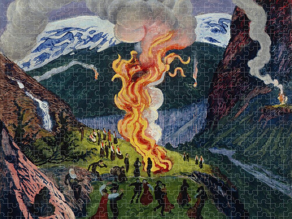 Celebration Jigsaw Puzzle featuring the painting Midsummer Fire, Painting By Nikolai Astrup by Nikolai Astrup
