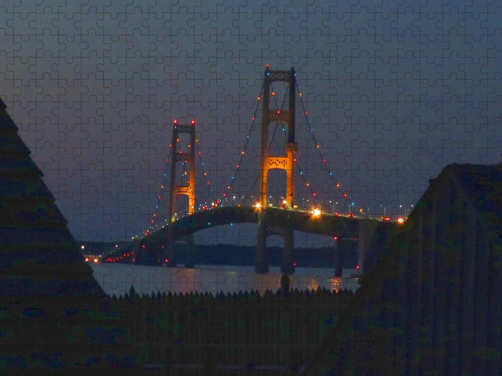 Mackinac Bridge Jigsaw Puzzle featuring the photograph Mighty Mac from Fort Michilimackinac by Keith Stokes