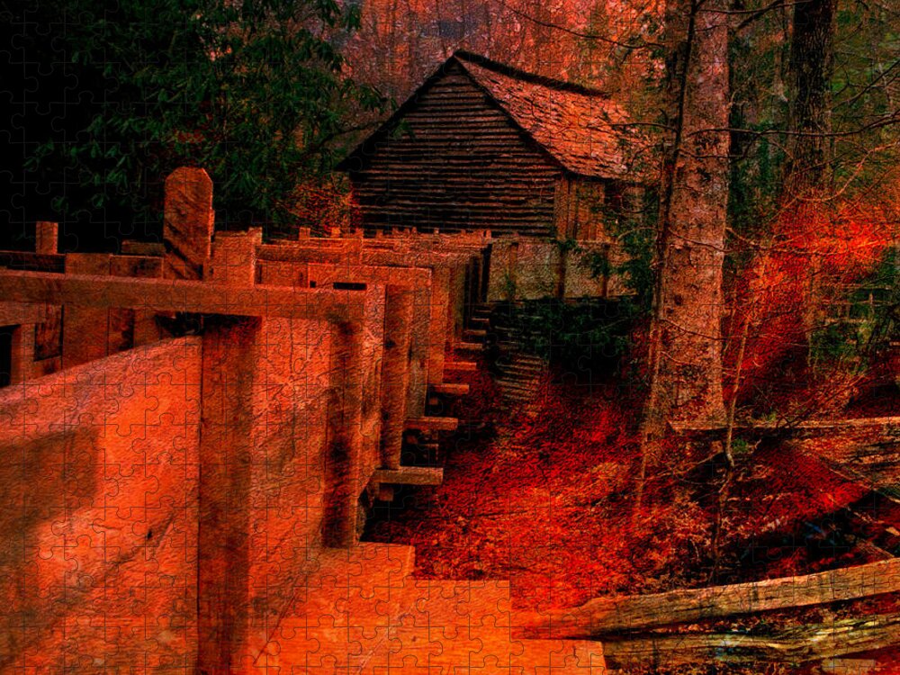 Old Mill Jigsaw Puzzle featuring the photograph Mill Scene at Sunset Abstract by Mike McBrayer