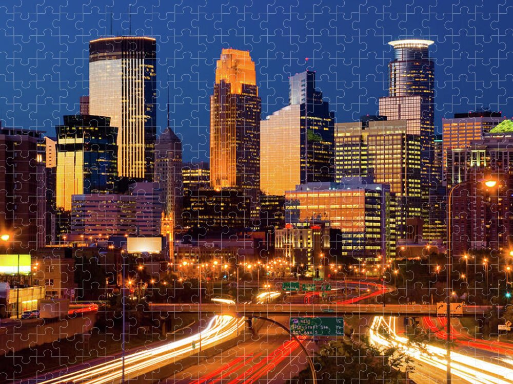 Downtown District Jigsaw Puzzle featuring the photograph Minneapolis Skyline At Dusk by Davel5957